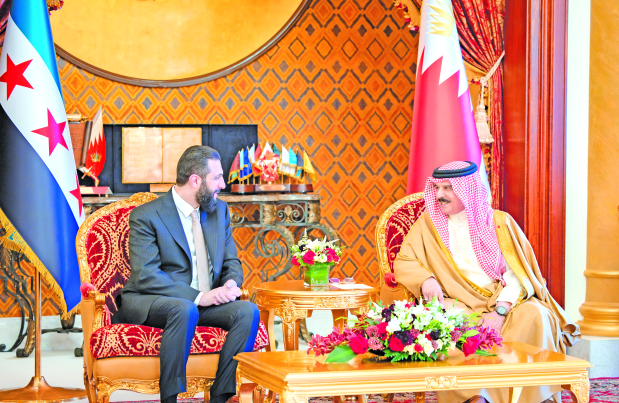 <p>Bahrain and Syria have officially opened ‘a new page’ in their relations following a high-level meeting between His Majesty King Hamad and Syrian President Ahmed Al Sharaa at Sakhir Palace.</p><p>The meeting, described as both historic and strategic, also focused on reaffirming the strong ties between the two nations and charting a path forward for deeper co-operation across critical sectors, including trade, civil aviation, energy, health and education.</p><p>The comprehensive discussion session was held in the presence of His Royal Highness Prince Salman bin Hamad Al Khalifa, Crown Prince and Prime Minister. The discussions covered the latest developments in Syria and ways to support the country’s security and stability.&nbsp;</p>